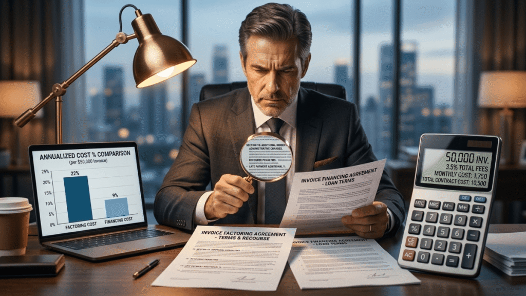 Business owner comparing invoice factoring and financing costs with calculator and hidden fee documents on desk