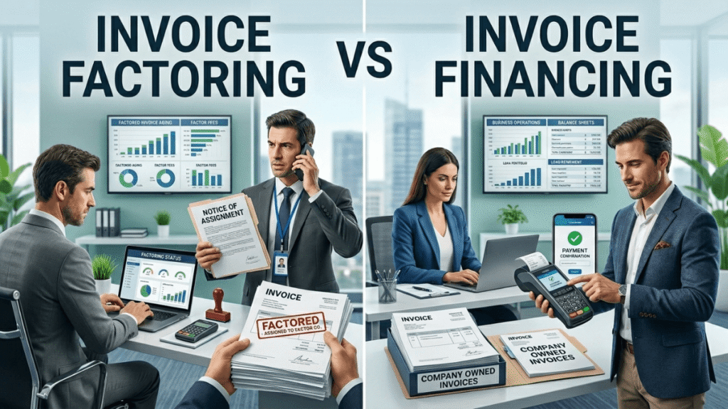 Side by side comparison of invoice factoring and invoice financing showing ownership and payment collection differences
