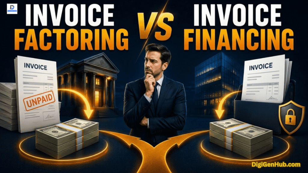 Business owner comparing invoice factoring and invoice financing to choose the best funding solution for cash flow management.