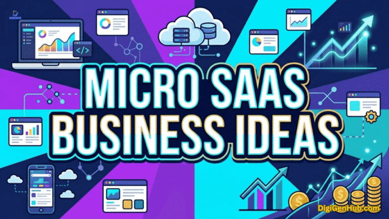 Micro SaaS Business Ideas", featuring software dashboards, cloud icons, laptops and financial growth elements.