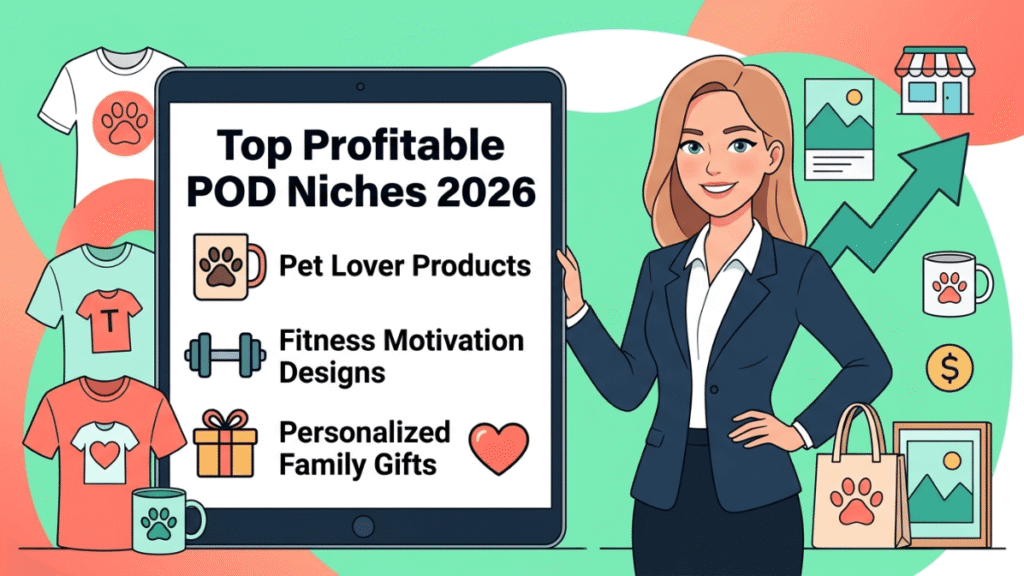 Profitable print on demand niches featuring personalized gifts, pet products, and fitness-themed merchandise ideas.