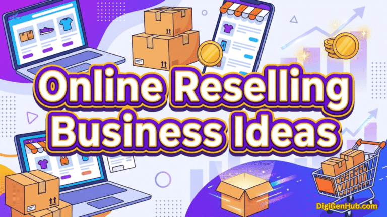 Online Reselling Business Ideas", featuring laptops, smartphones, product packages, shopping carts and financial growth elements.