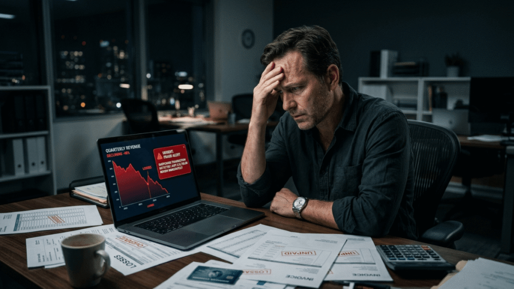 Stressed business owner viewing fraud alert and declining revenue chart on laptop reflecting 2026 payment fraud crisis