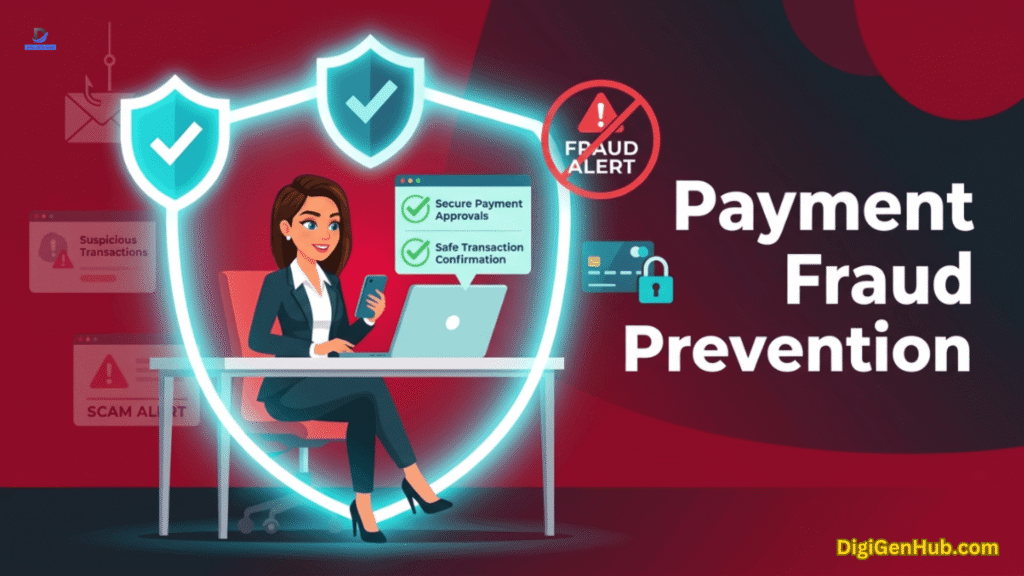 Businesswoman protecting online payments and digital transactions from fraud using modern security measures.