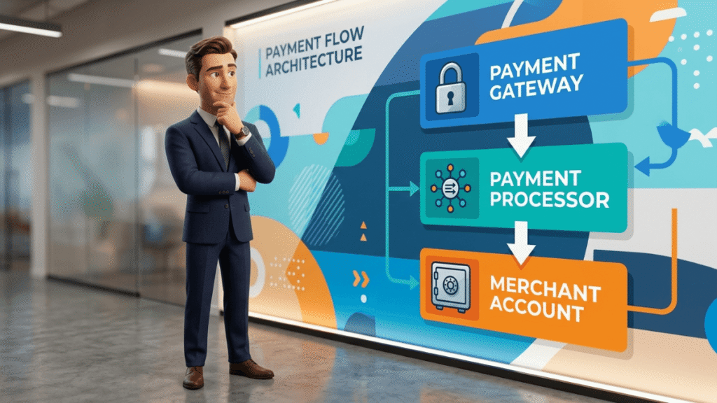 3D animated businessman character viewing payment gateway processor and merchant account architecture diagram
