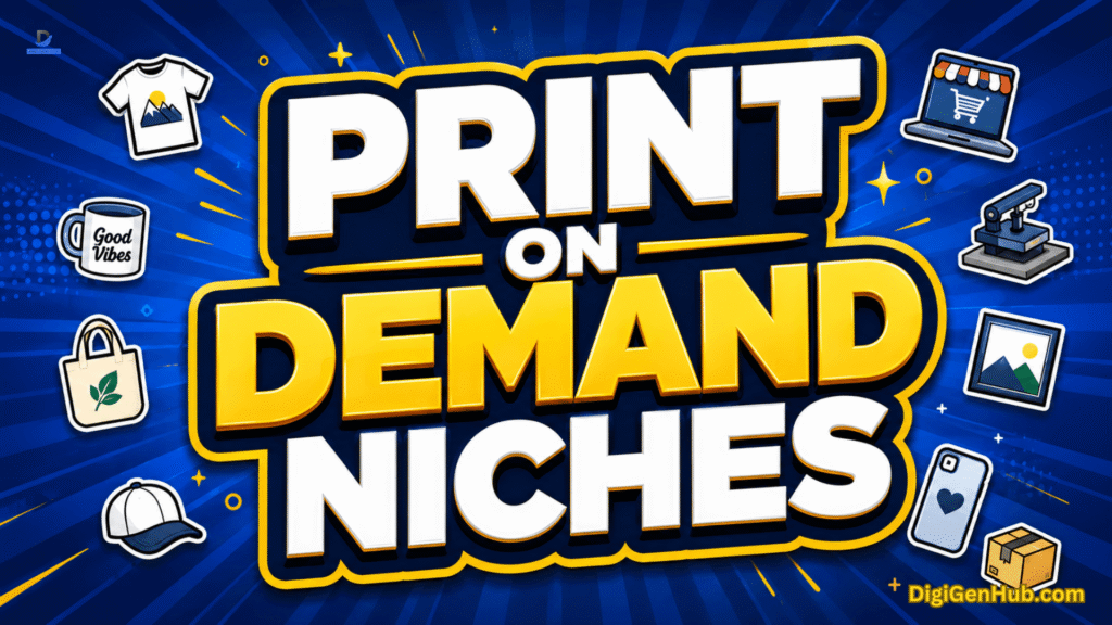 Print on Demand niches illustration with custom product icons