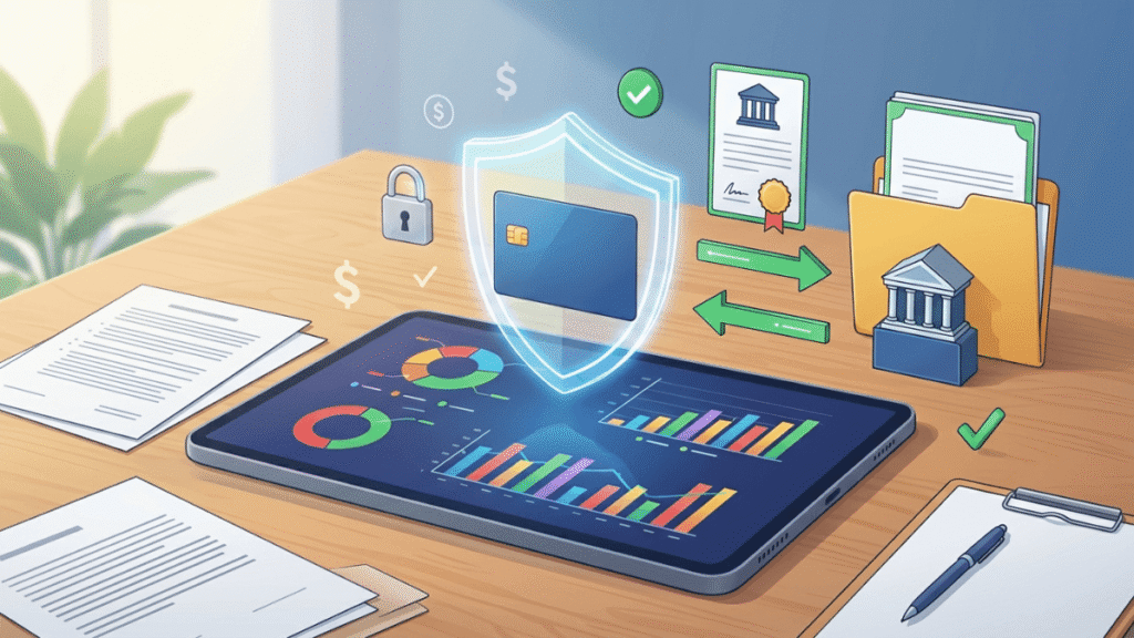 2D animated illustration showing secure separation of personal and business credit with financial protection and dedicated business banking.