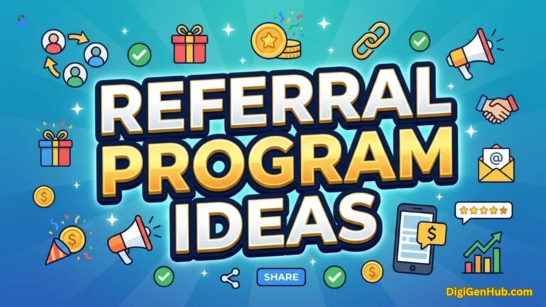 Referral marketing illustration with rewards and sharing icons.