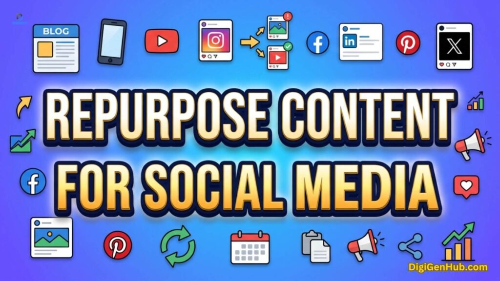Content repurposing illustration with social media and recycle icons.