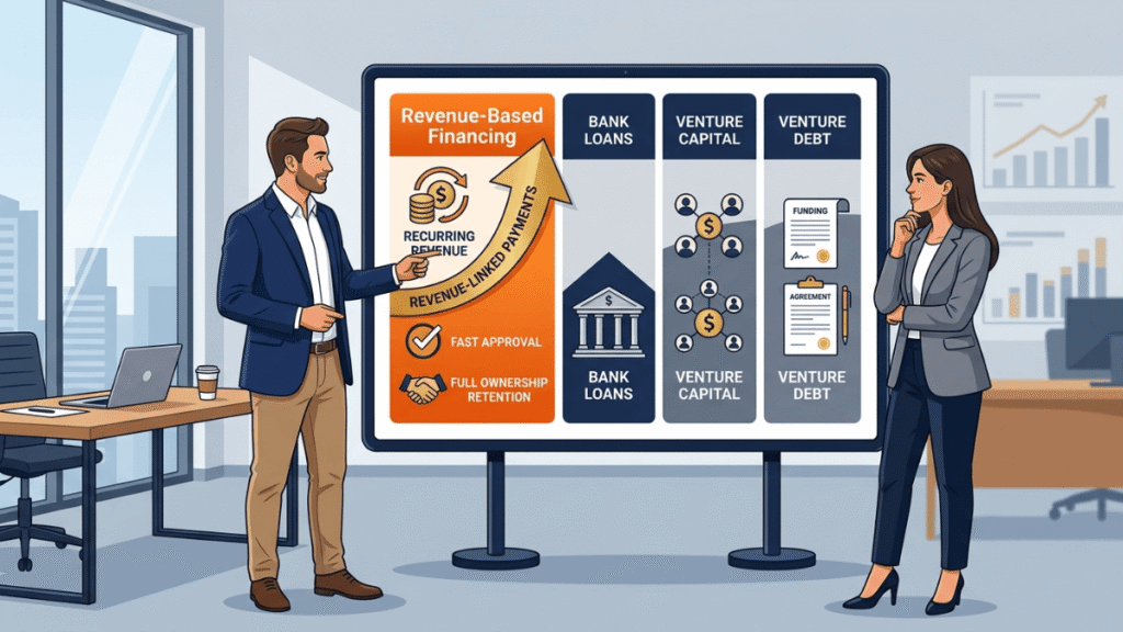 Business professionals comparing revenue-based financing, bank loans, venture capital, and venture debt funding options.