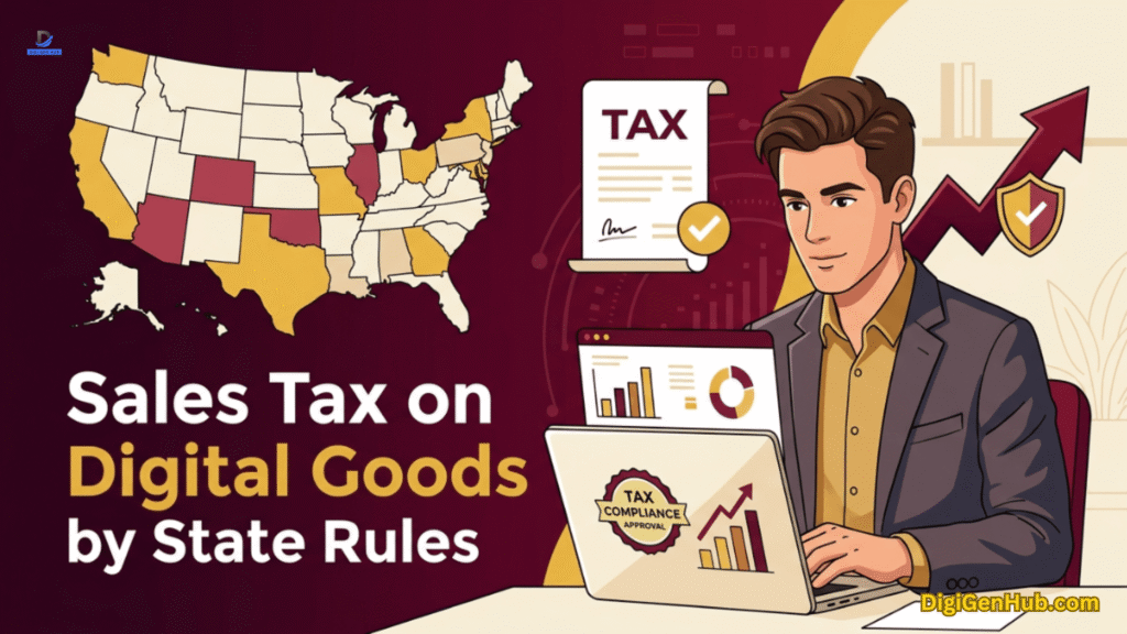 Business owner reviewing state sales tax rules for digital goods to ensure compliance and support business growth.