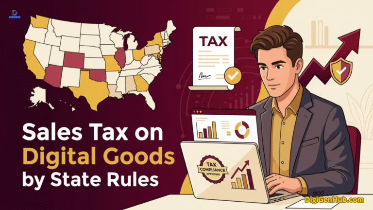 Business owner reviewing state sales tax rules for digital goods to ensure compliance and support business growth.
