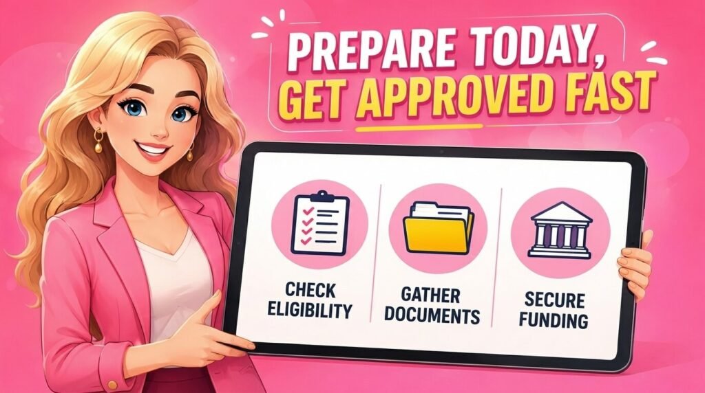 Beautiful businesswoman holding a large tablet showing collateral checklist, document preparation, and funding approval steps for an SBA loan application.