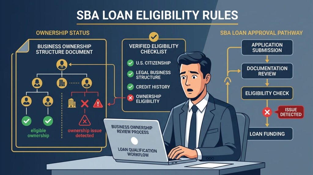 Business owner reviewing ownership eligibility requirements before applying for an SBA loan.
