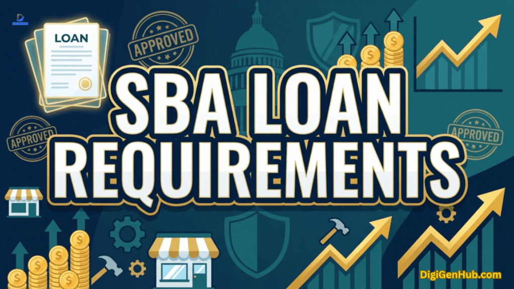 SBA Loan Requirements", featuring loan documents, coins, graphs and official business financing elements.