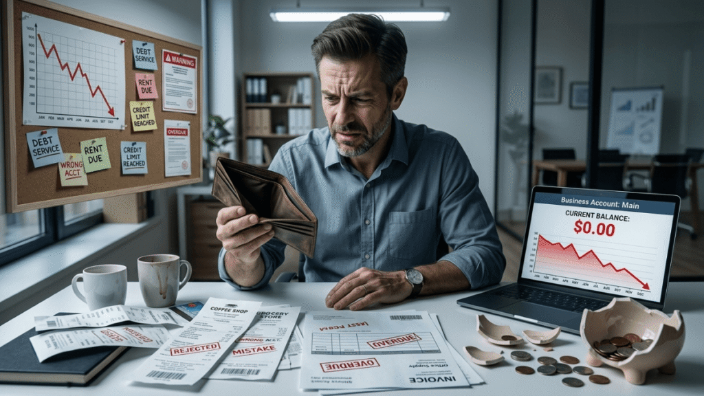 Small business owner facing financial mistakes with empty wallet and drained bank account on cluttered desk
