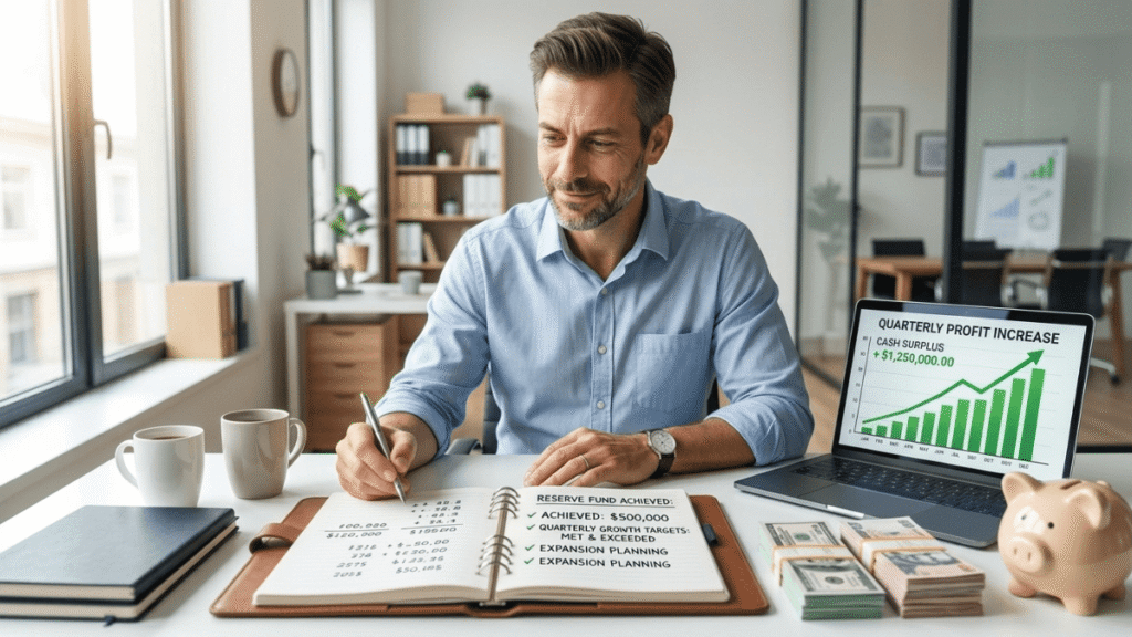 Small business owner calculating emergency fund savings goal with financial charts and organized cash on desk
