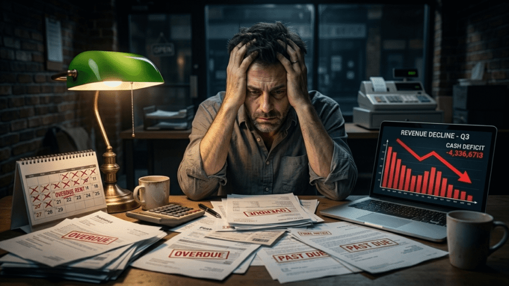 Stressed small business owner surrounded by bills facing severe financial crisis and cash flow emergency
