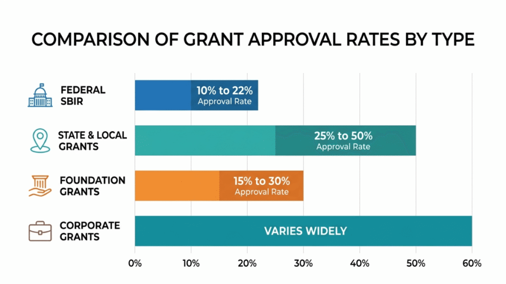 Infographic comparing approval rates for federal state corporate and foundation small business grants in 2026