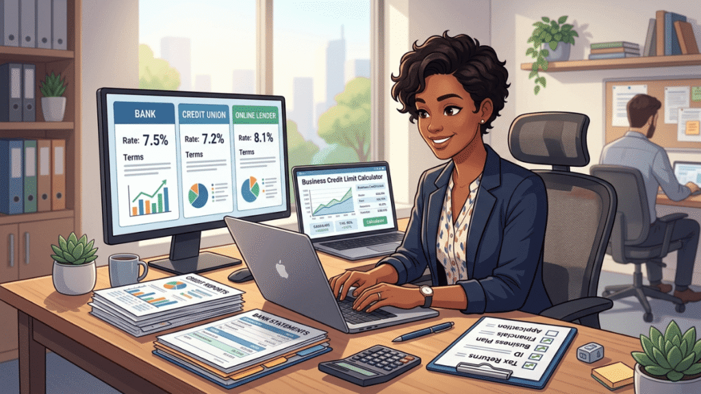 2D animated illustration of a small business owner preparing documents and comparing lenders to apply for a business line of credit.