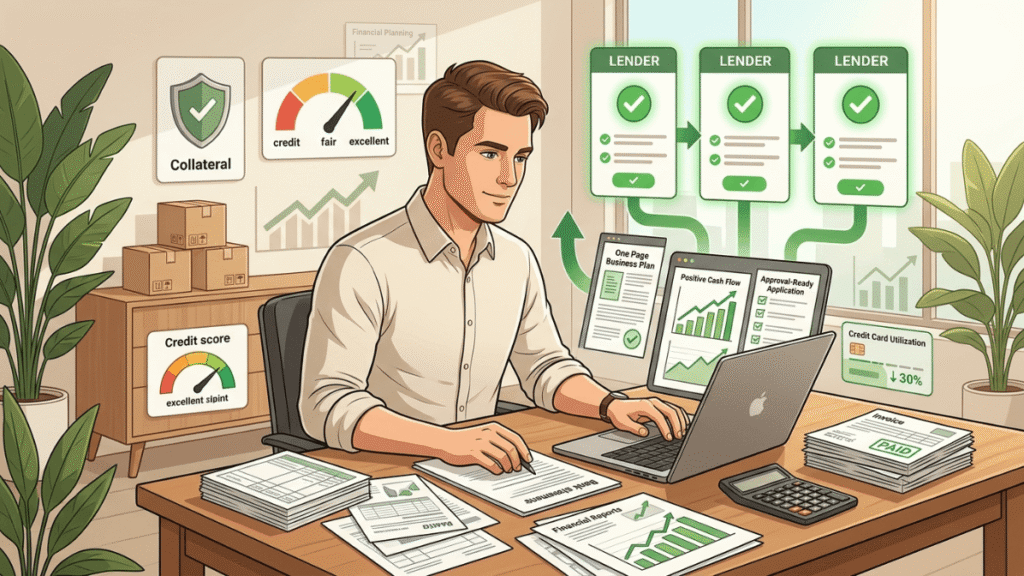 Business owner organizing financial documents and improving loan application strength for better funding approval chances.