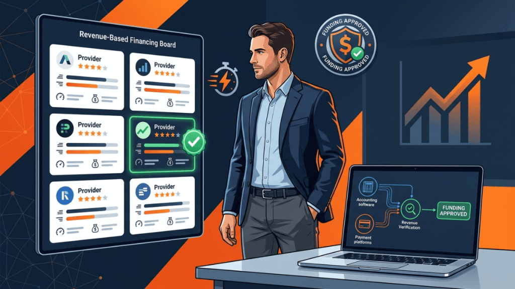 Professional businessman comparing revenue-based financing providers and selecting the best funding solution for business growth
