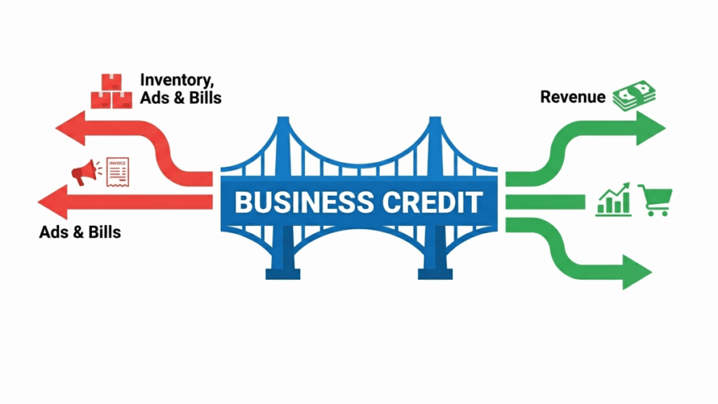 Business credit bridges the cash flow gap between expenses and revenue for sellers.