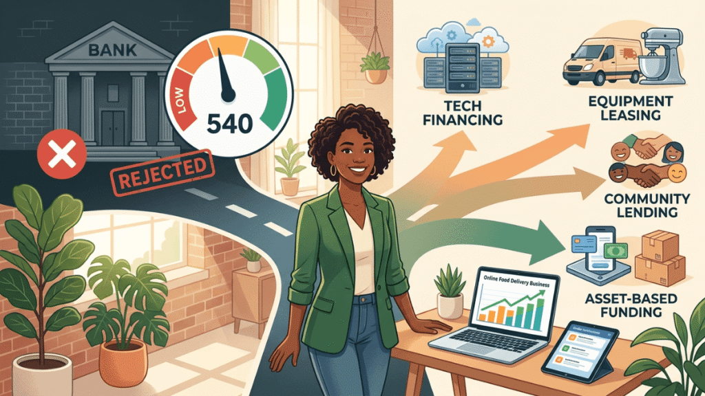 Business owner with low credit score exploring alternative funding options for business growth and technology financing.