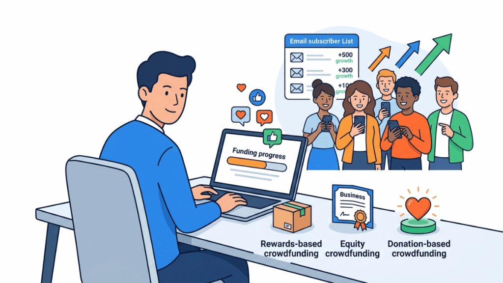 Startup founder preparing a crowdfunding campaign with supporter engagement and funding progress indicators.