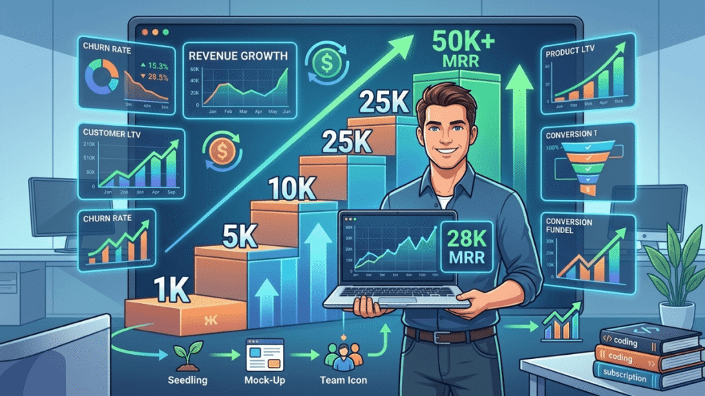 Male SaaS entrepreneur analyzing monthly recurring revenue growth and startup profitability in a modern 2D animated business illustration.