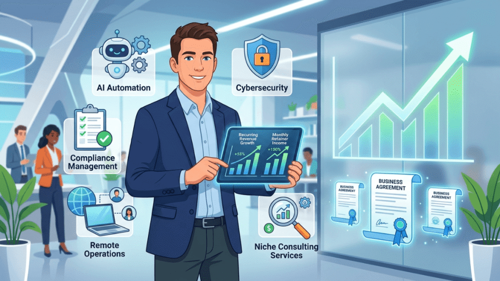 Young entrepreneur analyzing recurring revenue and high-profit B2B service opportunities in a modern 2D animated business illustration.