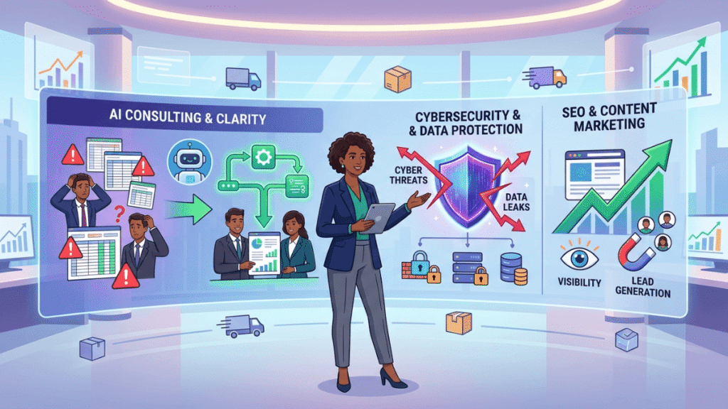 Female business consultant helping companies solve AI, cybersecurity, and SEO challenges in a modern 2D animated business illustration.