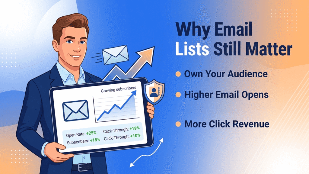 Email list growth, subscriber ownership, higher open rates, and increased click-driven revenue opportunities.