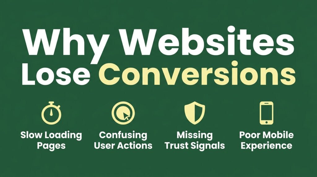 Website conversion infographic showing speed, trust, mobile, and usability issues.
