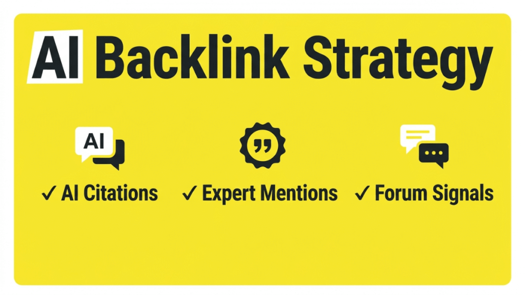 AI backlink strategy using citations expert mentions and trusted forum signals.