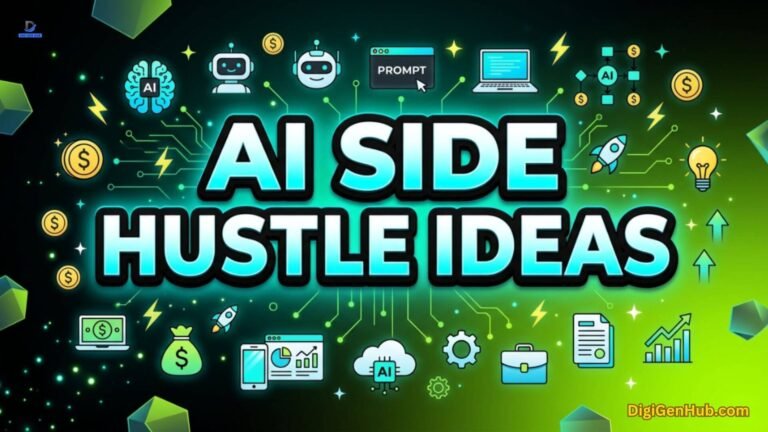 AI side hustle illustration with automation and income icons.