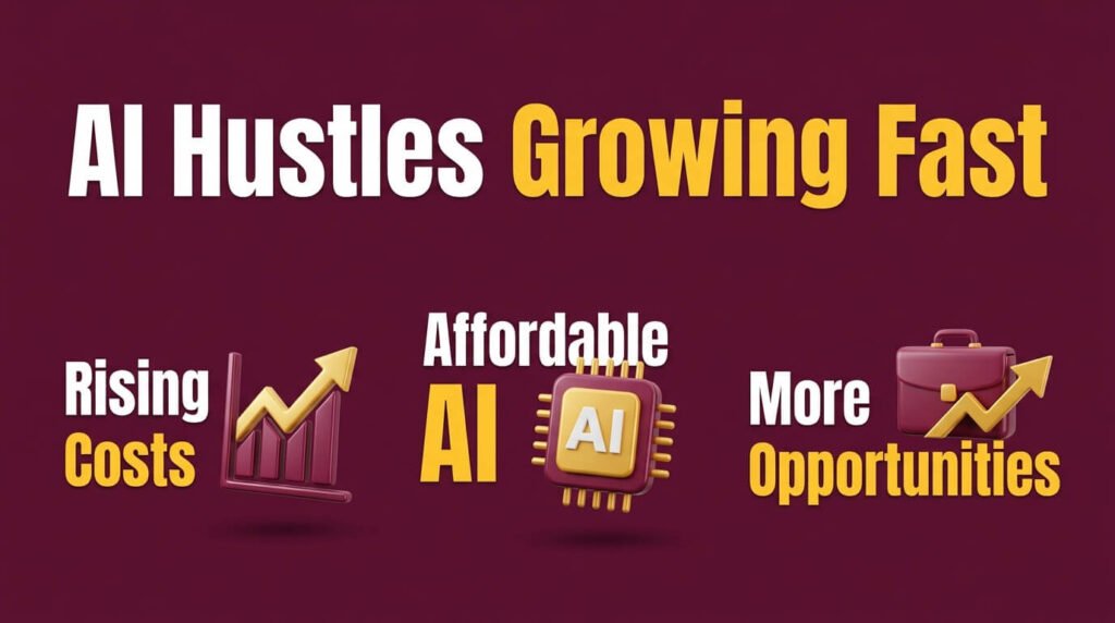AI side hustle infographic showing costs, AI tools, and opportunities.