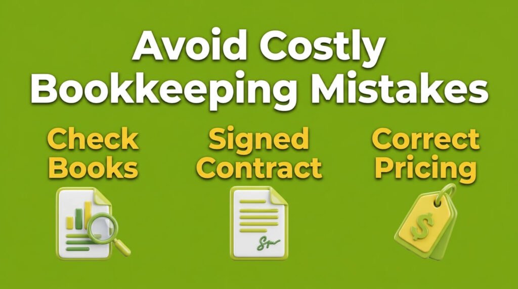 Bookkeeping mistakes infographic showing book checks, contracts, and pricing.