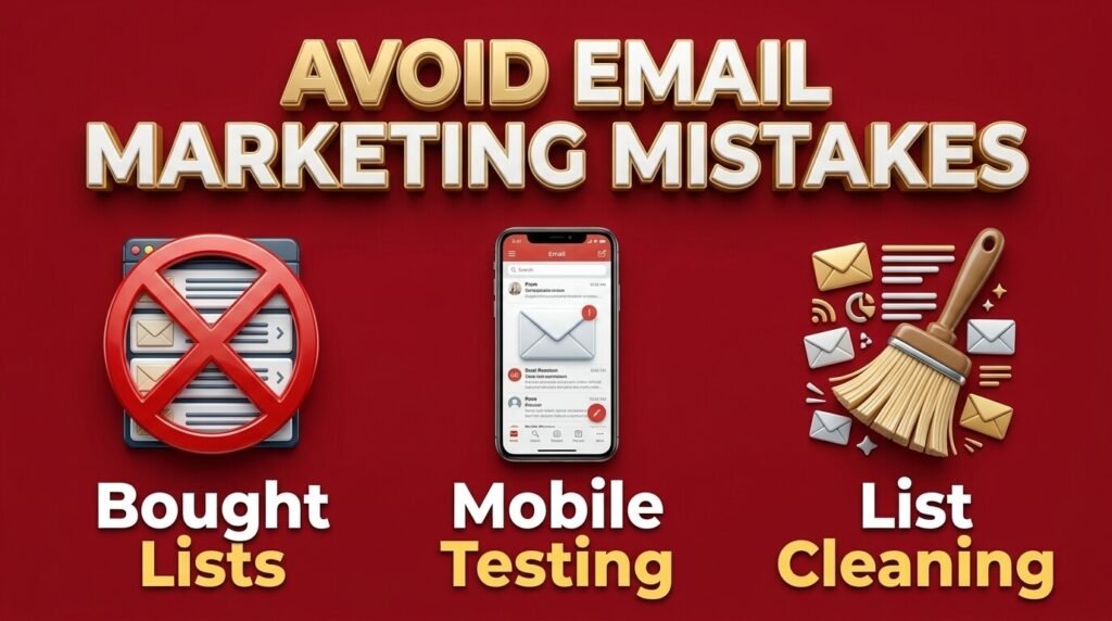 Email marketing infographic showing lists, mobile, and cleanup mistakes.