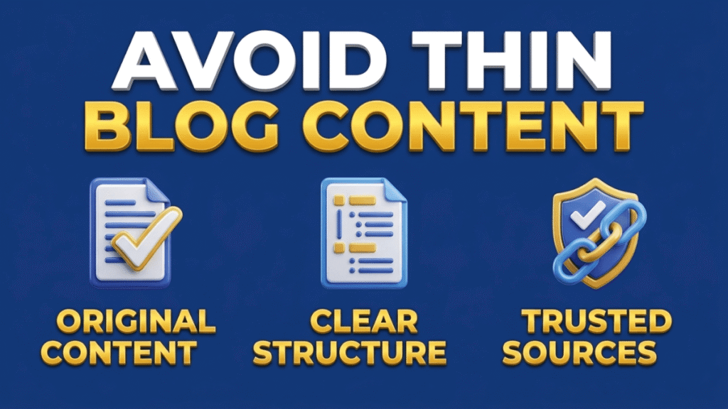 Blog content infographic showing originality, structure, and trusted sources.