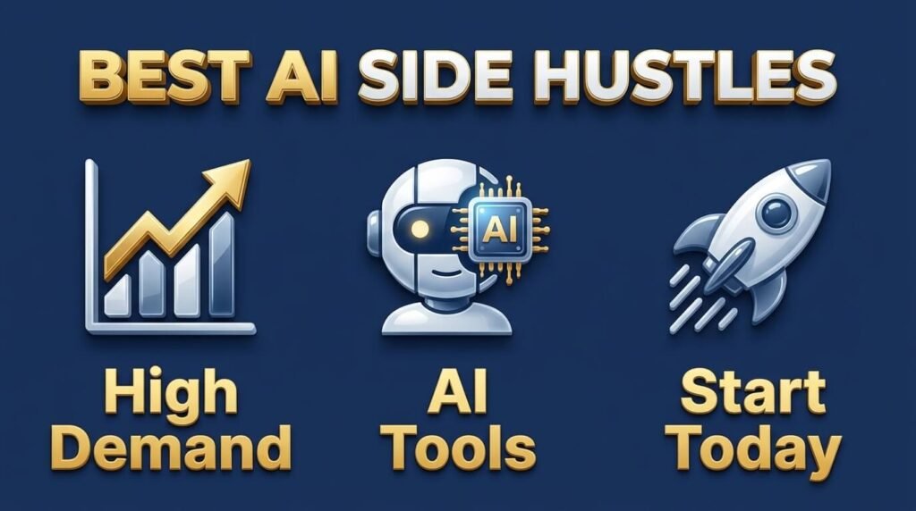 AI side hustle infographic showing demand, tools, and starting opportunities.