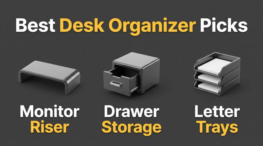 Desk organizer infographic showing monitor riser, drawers, and letter trays.
