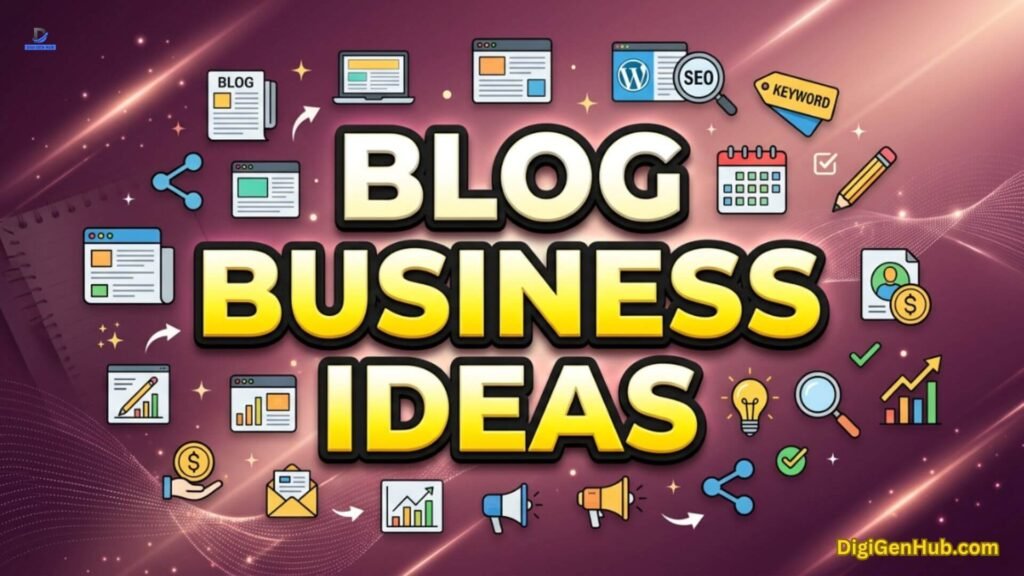 Blog business ideas illustration with blogging and income icons.