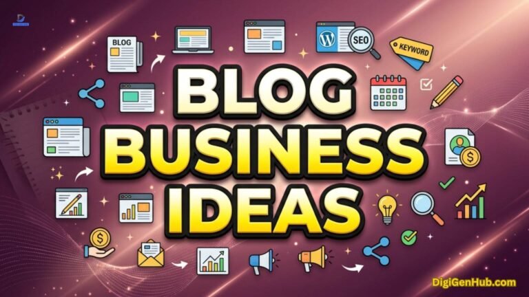 Blog business ideas illustration with blogging and income icons.