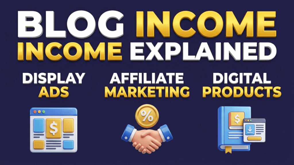 Blog monetization infographic showing ads, affiliates, and digital products.