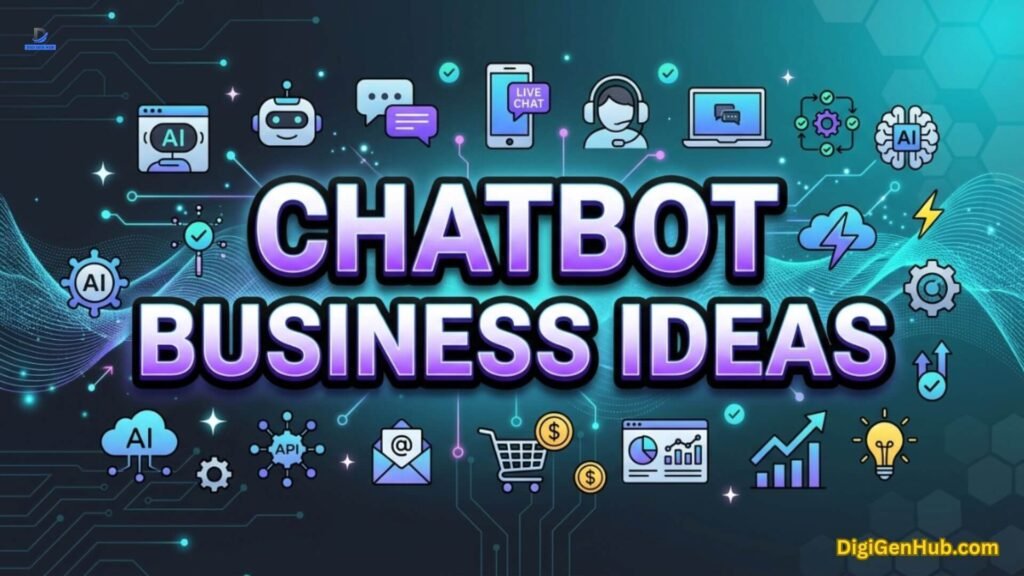 Chatbot business ideas illustration with AI and automation icons.