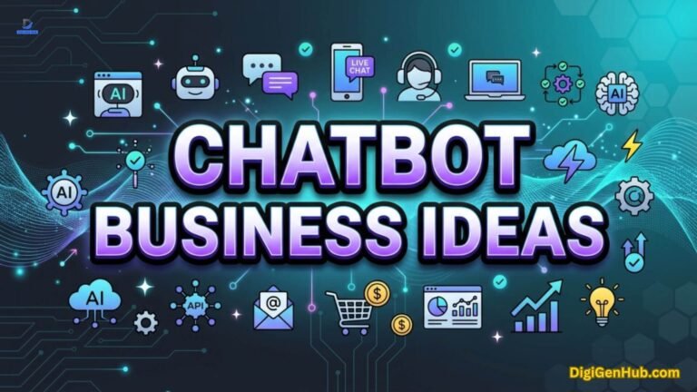 Chatbot business ideas illustration with AI and automation icons.