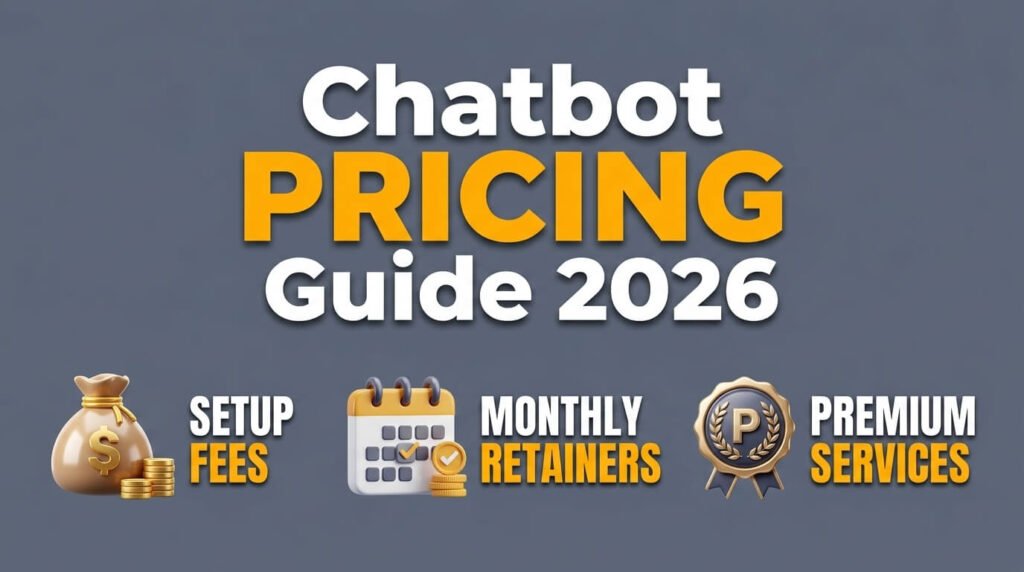 Chatbot pricing infographic showing setup fees, retainers, and premium services.