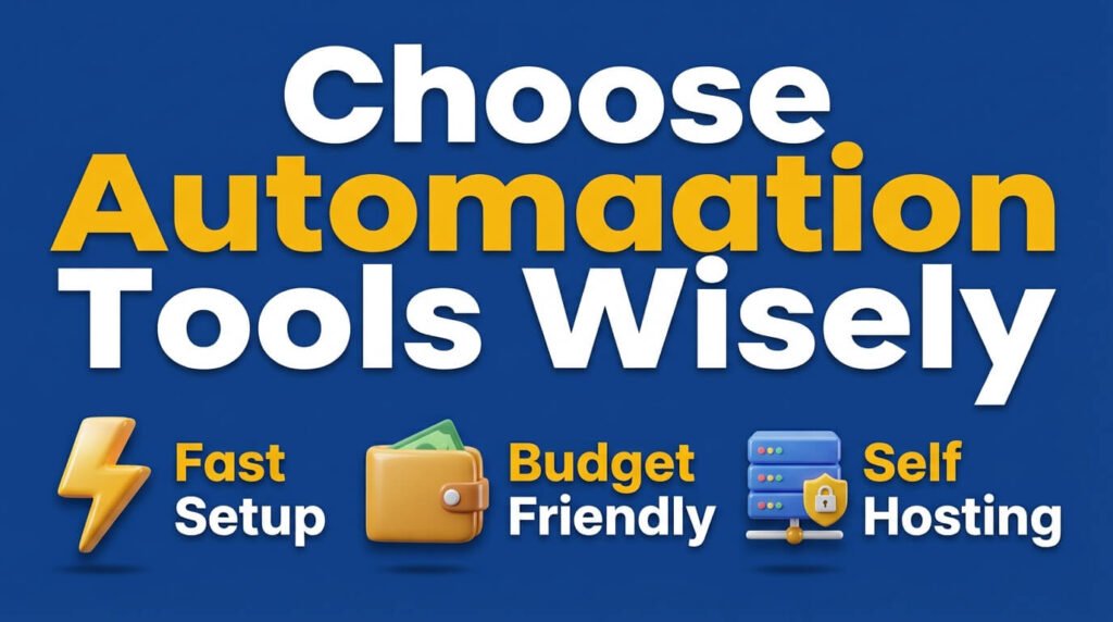 Automation tools infographic showing setup, budget, and hosting options.