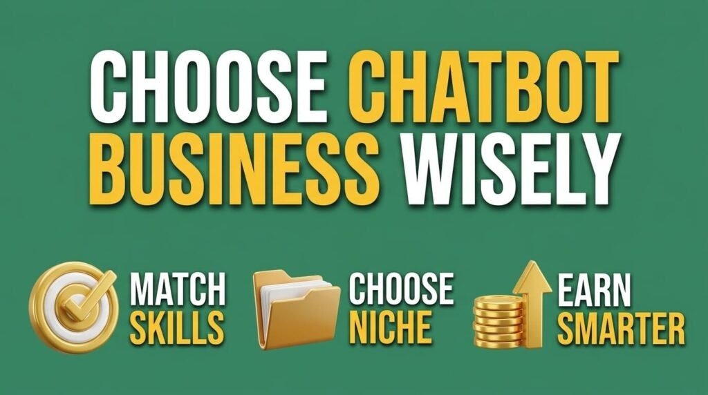 Chatbot business infographic showing skills, niche, and earnings.